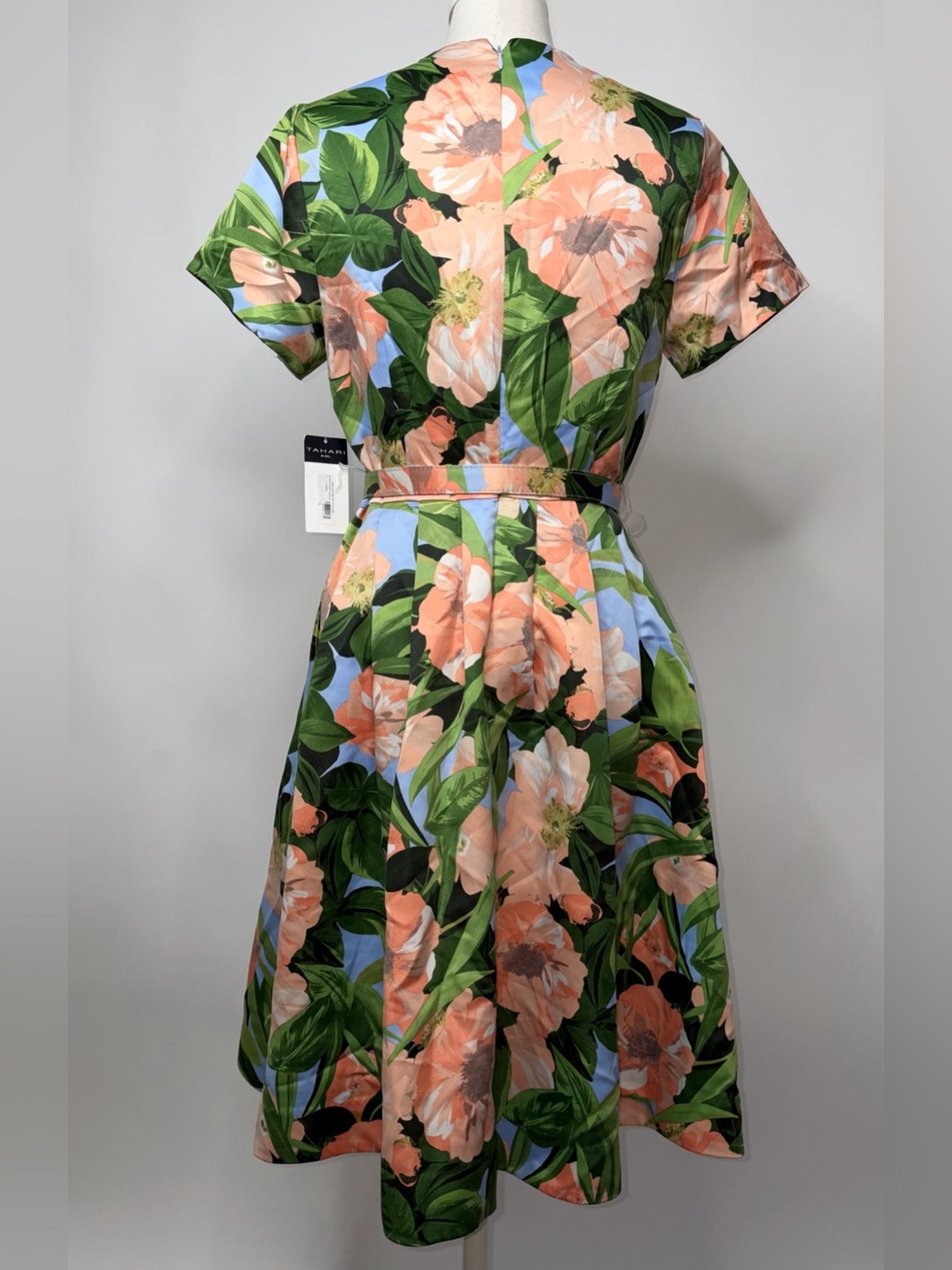 NWT TAHARI ASL Peach Floral Fit-and-Flare Dress with Blue Base - Picture 5 of 8
